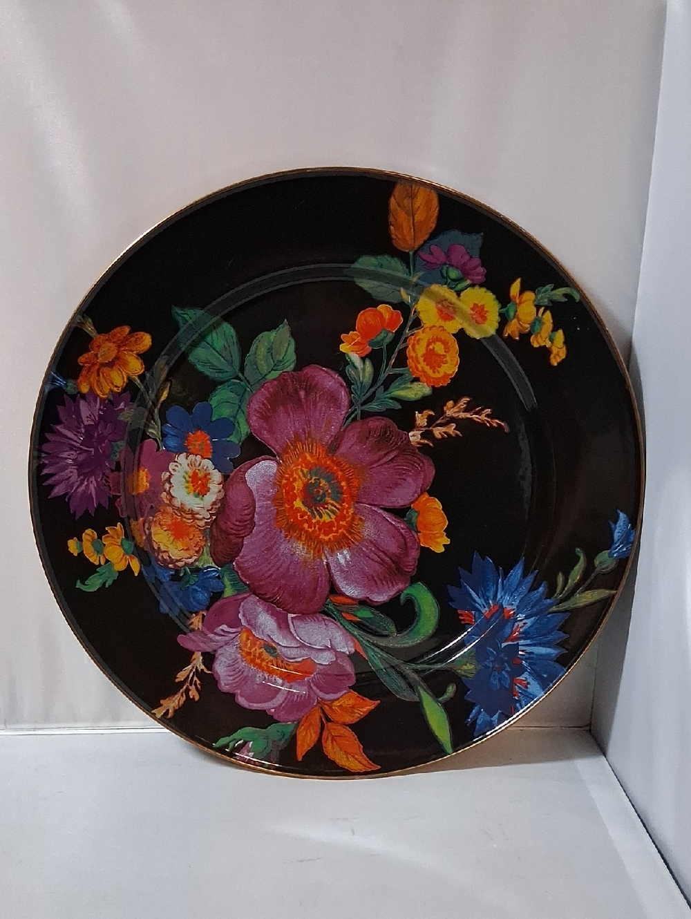 Mackenzie-Childs 12 inch Black Flower Market chargers, set of 4 - Picture 10 of 15